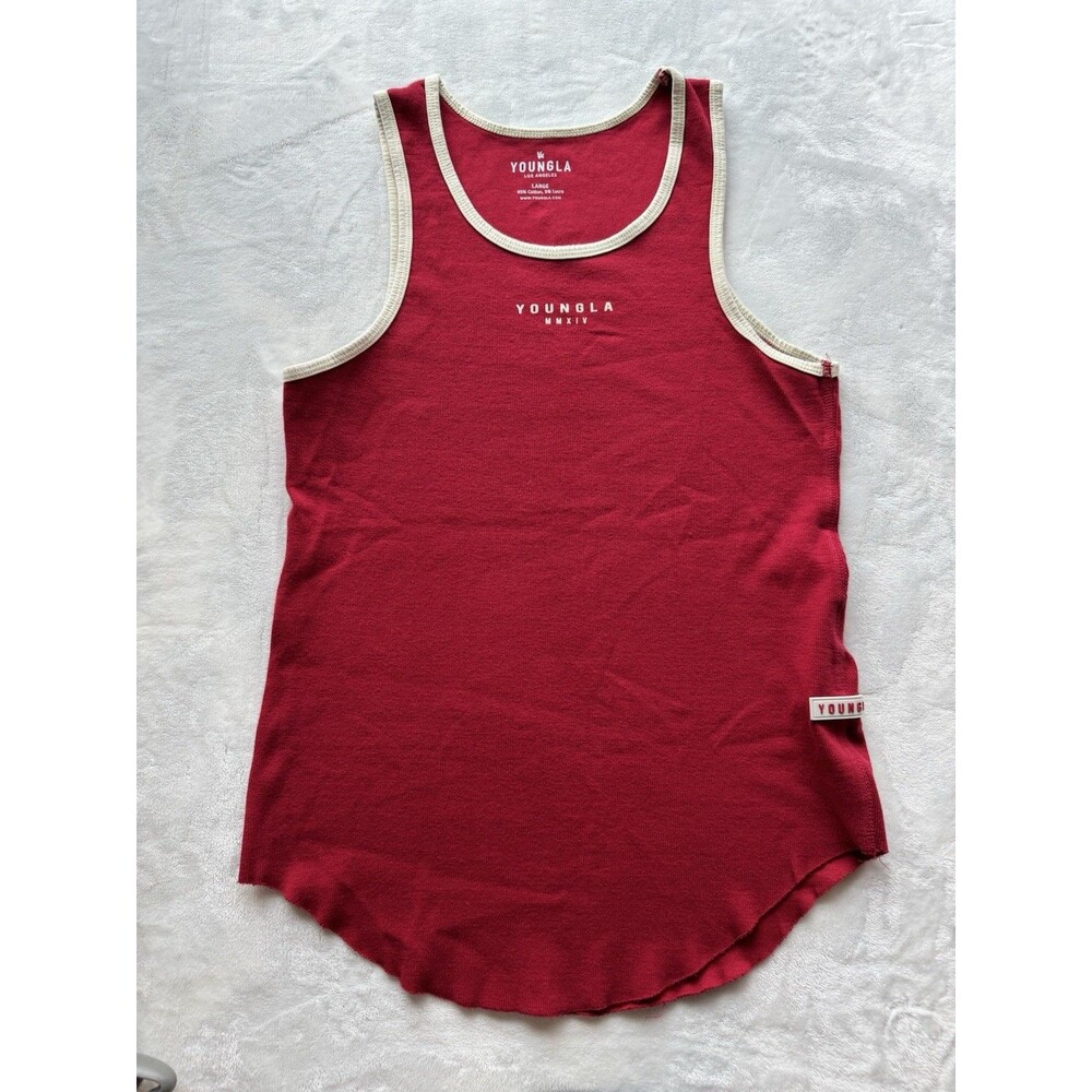 YoungLA Men's L Athletic Fit Stretch Tank Top Red/Cream Scoop Neck Logo